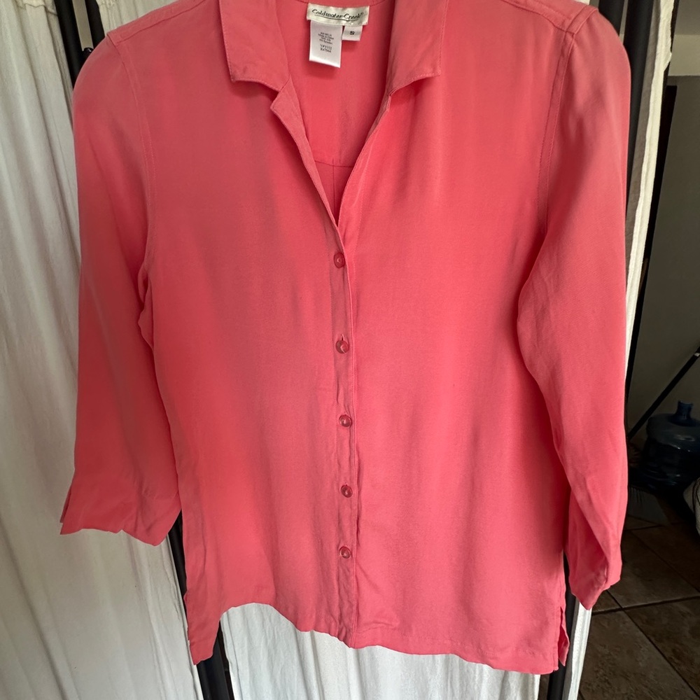 Coldwater Creek 94% silk Pink 3/4 Sleeve Notched Collar Blouse